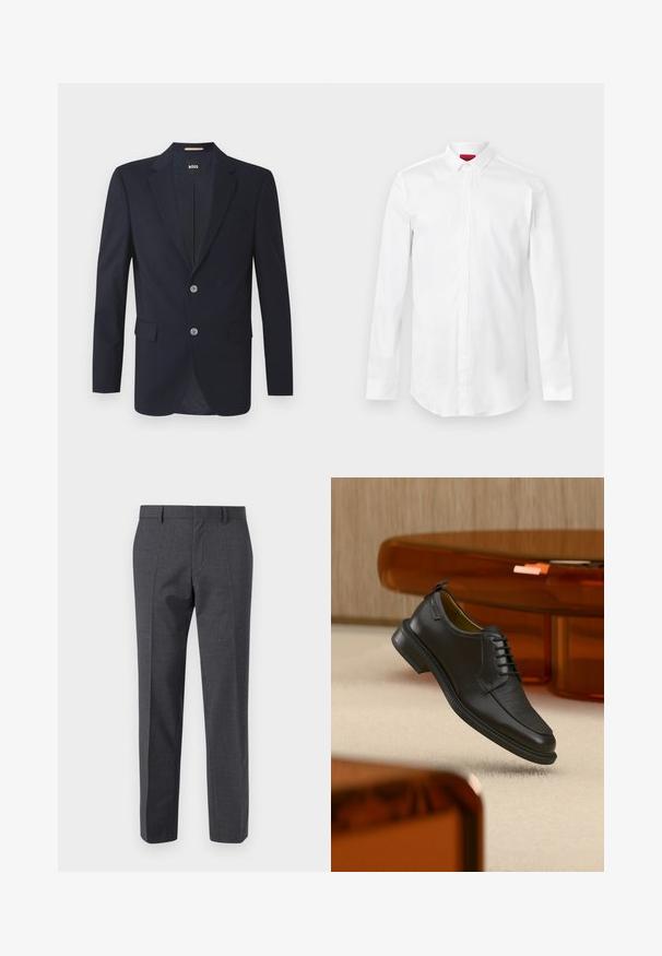 Marineblazer mit Schößchen, zwei vorderen Taschen, zwei silbernen Knöpfen und strukturiertem Stoff. Futter mit subtilm Muster.; Weißes langärmeliges Hemd mit spitzem Kragen und verdeckter Knopfleiste, präsentiert vor hellem, einfarbigem Hintergrund.; Grau maßgeschneiderte Hose mit strukturiertem Finish, flacher Vorderseite und geradem Bein. Verfügt über Seitentaschen und Gürtelschlaufen.; Schwarzer Leder-Schnürschuh mit texturierter Vorderseite, schwebend über beigem Teppich in einem modernen Raum mit bernsteinfarbenen Möbeln.
