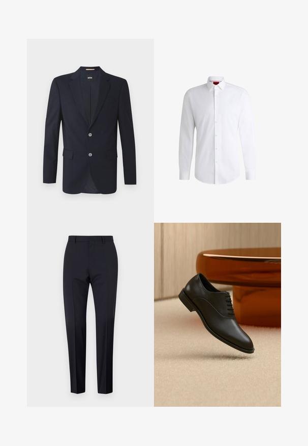 Marineblazer mit Schößchen, zwei vorderen Taschen, zwei silbernen Knöpfen und strukturiertem Stoff. Futter mit subtilm Muster.; Weißes Herrenhemd aus glattem Stoff mit klassischem Kragen, langen Ärmeln und abgerundetem Saum. Mit eleganten beigen Knöpfen an der Vorderseite.; Marineblaue maßgeschneiderte Hosen, mit flachem Frontschnitt, slim fit, mit Gürtelschlaufen und Seitentaschen. Glattes Material mit einem klaren Finish, ohne sichtbare Muster oder Akzente.; Schwarzer polierter Lederschnürschuh über beigem Teppich schwebend, mit großem rundem bernsteinfarbenem Glastisch im Hintergrund.