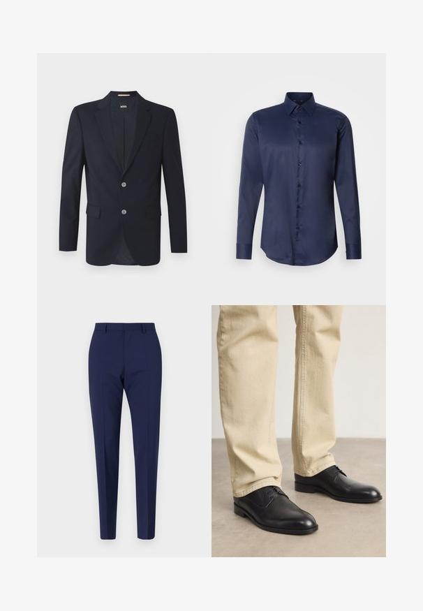 Blazer navy con solapa muesca, dos bolsillos frontales, dos botones plateados y tejido texturizado. El interior forrado presenta un patrón sutil.; Camisa de vestir de manga larga para hombre en azul marino, con cuello puntiagudo y cierre frontal de botones, presentada sobre un fondo blanco liso.; Pantalones azul marino a medida con un ajuste slim, que presentan una textura suave, frente plano y piernas con plisados. Sin bolsillos visibles ni adornos.; Zapatos de cuero negro con cordones, puntera redondeada, acabado suave y sutiles detalles de costura, combinados con pantalones de color beige claro.