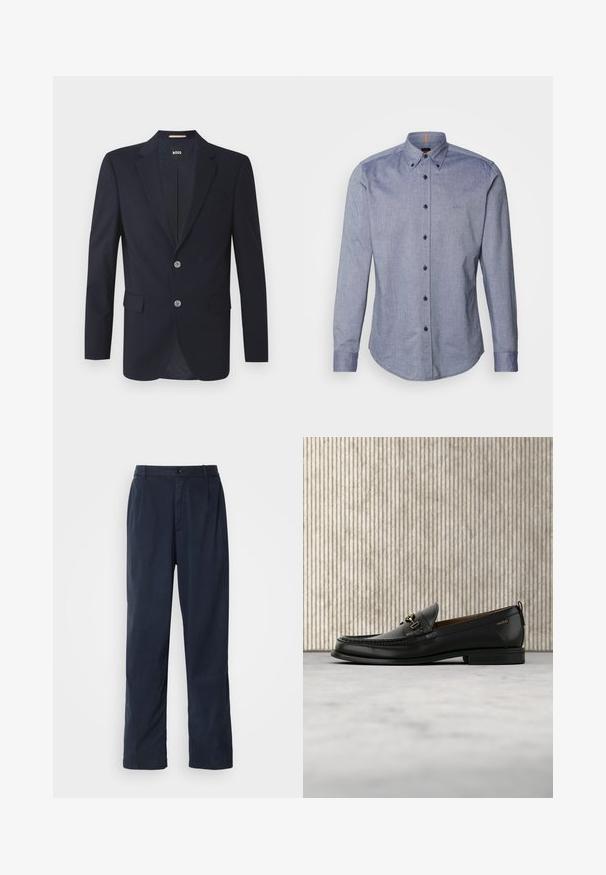 Blazer navy con solapa muesca, dos bolsillos frontales, dos botones plateados y tejido texturizado. El interior forrado presenta un patrón sutil.; Camisa de botones azul en una tela ligera. Presenta un cuello extendido, mangas largas y un pequeño logo en el pecho. Cierre frontal con botones.; Pantalones azul marino de mezcla de algodón. Cuentan con un diseño de pierna recta, cierre frontal con boton, y pliegues sutiles. Textura suave.; Mocasín de cuero negro con pieza metálica dorada y logotipo "HUGO", exhibido sobre una alfombra beige y muebles translúcidos marrones.