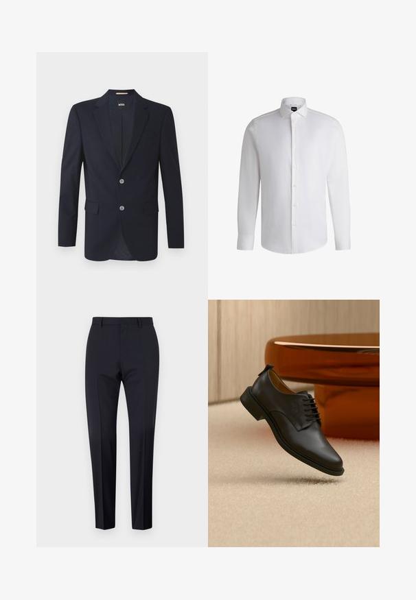 Blazer navy con solapa muesca, dos bolsillos frontales, dos botones plateados y tejido texturizado. El interior forrado presenta un patrón sutil.; Camisa blanca de manga larga hecha de algodón suave, con un cuello clásico, botonera completa y puños abotonados. Diseño minimalista.; Pantalones de traje en color navy, de tiro plano, corte slim, con trabillas para cinturón y bolsillos laterales. Tejido suave con un acabado nítido, sin patrones ni acentos visibles.; Zapato de vestir para hombre de cuero negro con cordones flotando sobre una alfombra beige, con una mesa de café redonda marrón en el fondo.