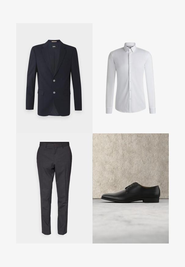 Marineblazer mit Schößchen, zwei vorderen Taschen, zwei silbernen Knöpfen und strukturiertem Stoff. Futter mit subtilm Muster.; Langärmliges weißes Hemd aus glattem Stoff, mit einem Kentkragen und einer Reihe von Knöpfen auf der Vorderseite. Schlichtes Design.; Graue maßgeschneiderte Hose mit glatter Textur, schmaler Passform und tapered Beinen, mit flachem Bund und Gürtelschlaufen für zusätzliche Details.; Schwarze Lederschuhe mit glatter Oberfläche, runder Zehenform, niedrigem Absatz und Schnürdesign. Minimalistische Akzente sorgen für ein elegantes Erscheinungsbild.