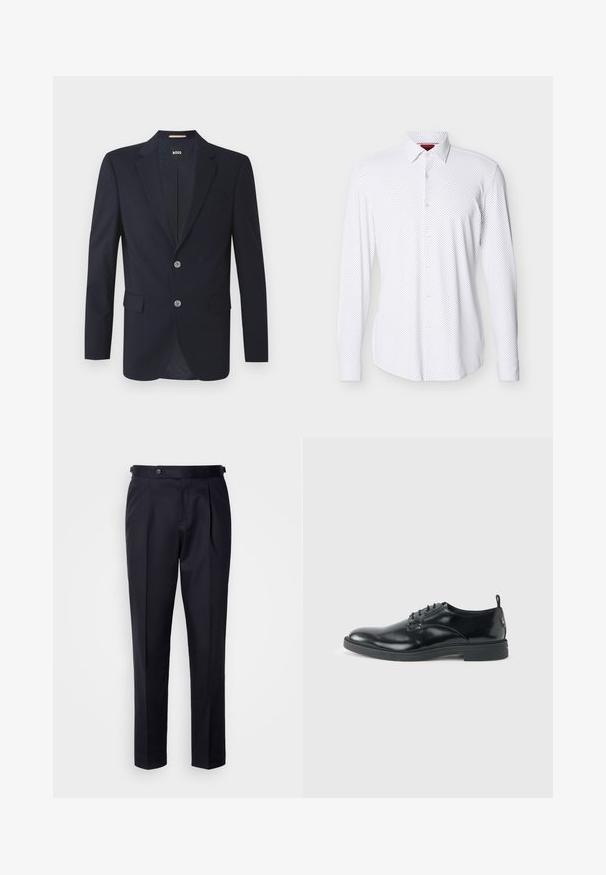 Marineblazer mit Schößchen, zwei vorderen Taschen, zwei silbernen Knöpfen und strukturiertem Stoff. Futter mit subtilm Muster.; Weißes langärmeliges Hemd zum Knöpfen mit kleinem schwarzen Punktmuster und spitzem Kragen, präsentiert vor schlichtem hellem Hintergrund.; Marineblaue Anzughose aus glattem Stoff mit einer vorderen Bügelfalte, geraden Beinen und einem Bund mit Knopfverschluss.; Glänzender schwarzer Lederschuh mit niedrigem Absatz, Schnürverschluss und runder Kappe, seitlich auf hellem, schlichten Hintergrund gezeigt.