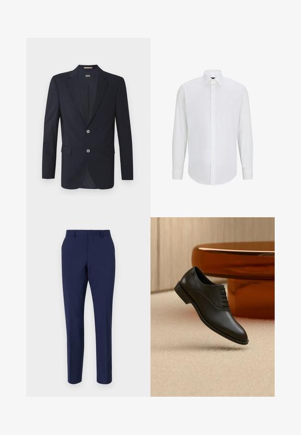 Tumed blazer, millel on sakiline krae, kaks esist pocketit, kaks hõbedast nuppu ja tekstureeritud kangas. Vooder on kaunistatud peene mustriga.; Valge pikkade varrukatega shirt sileda kangaga, millel on standardne krae, ees nööbiklapp ja ümmargune äär. Ei mingeid nähtavaid mustreid ega aktsente.; Tumed sinise värvi kohandatud püksid, mis on valmistatud siledast kangast, omavad kitsast lõiget, siledat esiosa ja tavalist vööd koos vöökohaga.; Mustast poleeritud nahast paeltega king, mis hõljub beeži vaiba kohal, taustal suur merevaigukollane ümmargune klaasist laud.