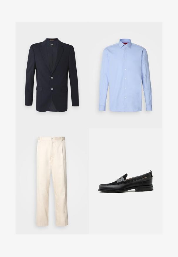 Blazer navy con solapa muesca, dos bolsillos frontales, dos botones plateados y tejido texturizado. El interior forrado presenta un patrón sutil.; Camisa de dress de manga larga azul claro, confeccionada en algodón, con cuello clásico y cierre de botones en el frente con botones blancos. Textura suave.; Pantalones de algodón beige con corte recto, que cuentan con un cierre de botón y pliegues en la parte frontal para un detalle adicional.; Mocasín de cuero negro con detalle de tira gris, tacón bajo y suela texturizada, con la marca "HUGO" en oro en el lateral.