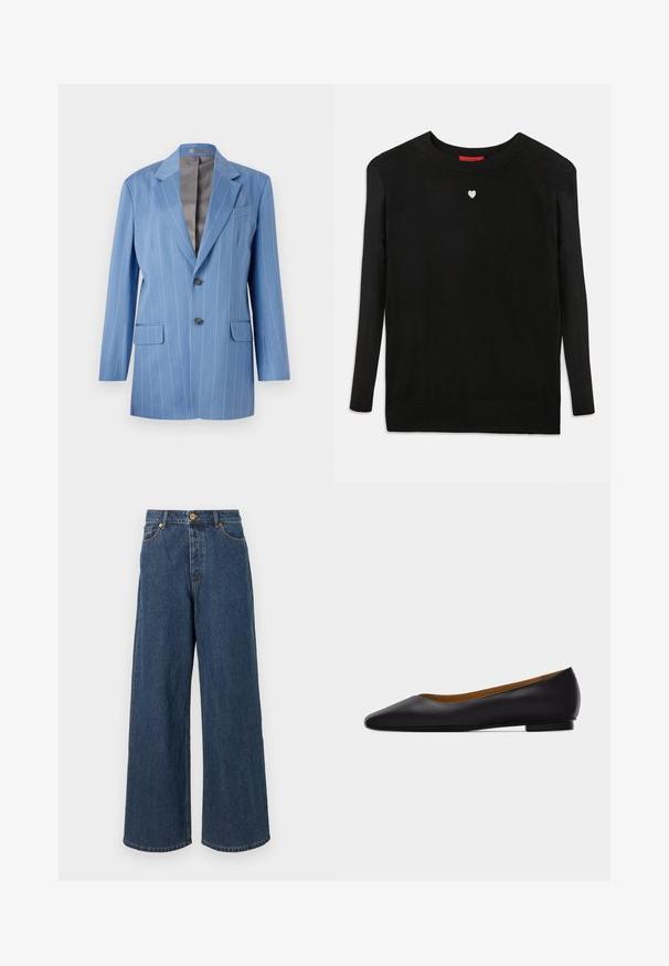 Lyseblå blazer med striber, to forlommer, to knapper og en klippet krave. Har en glat, grå indvendig foring.; Sort striktrøje med lange ærmer, rund halsudskæring og et lille hvidt hjerte på brystet. Blød tekstur og ribbede manchetter og kant.; Bredde denimjeans i mørkeblå med høj talje, frontlukning med knap og klassisk fem-lomme design med subtile syninger.; Sort læder flad sko med spids tå, lav hæl og glat finish, vist fra siden på en lysegrå baggrund.