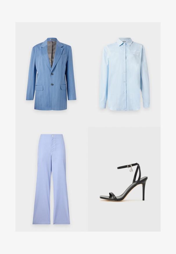 Helles blaues Nadelstreifen-Blazer mit zwei Fronttaschen, zwei Knöpfen und einem Reverskragen. Verfügt über eine glatte, graue Innenauskleidung.; Hellblaues Button-Down-Hemd aus Baumwolle. Es hat einen klassischen Kragen, lange Ärmel und eine gestickte Detailgestaltung auf der oberen linken Seite.; Blaue und weiße gestreifte weite Hochwasserhosen mit hoher Taille, oben figurnah geschnitten, vorn mit Knopfverschluss und glatter Textur.; Schwarze High-Heel-Sandale mit schmalem Knöchelriemen, quadratischer Zehenbox, glattem Leder und metallischem Schnallenakzent.