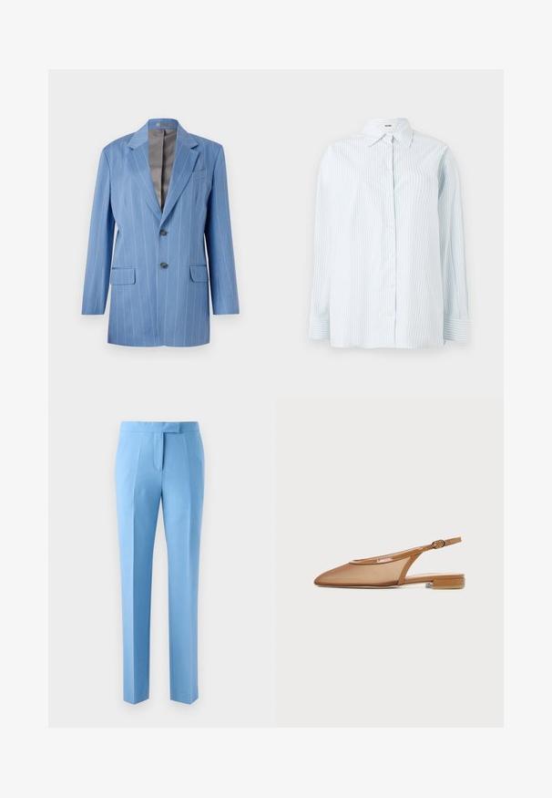 Lyseblå blazer med striber, to forlommer, to knapper og en klippet krave. Har en glat, grå indvendig foring.; Lyseblå stribet skjorte med knapper lavet af stof med en glat tekstur; har en klassisk krave og lange ærmer med knapmanchetter.; Lyseblå bukser med skræddersyet pasform, der har flad front, sidelommer og en glat tekstur. Designet med en ren, moderne silhuet.; Brun slingback flad sko med spids tå, tynd rem med spænde og lav blokhæl på hvid baggrund.