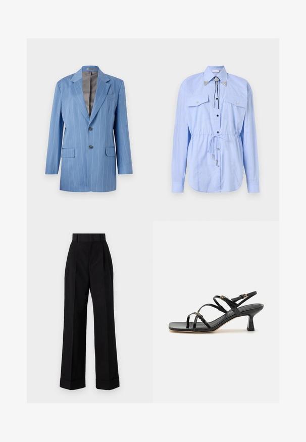Lyseblå blazer med striber, to forlommer, to knapper og en klippet krave. Har en glat, grå indvendig foring.; Rabanne Skjortebluser - tartan/blue/yellow; Højblusede sorte bukser lavet af bomuld. Har en vide ben-design, plisseringer og opfoldede manchetter. Glat tekstur, ingen synlige mønstre eller metaldele.; Sorte lakerede sandaler med stropper, kvadratisk tå og en lav blokhæl. Udstyret med guldfarvet hardware og justerbare ankelremme.