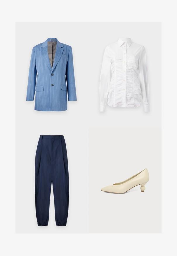Blazer a rayas finas en azul claro con dos bolsillos frontales, dos botones y un cuello con muesca. Presenta un forro interior suave en gris.; Camisa blanca de botones con mangas largas, que presenta una textura fruncida en la parte delantera, pequeños botones dorados y un cuello estándar.; Pantalones entallados de raya diplomática azul marino con puños elásticos, trabillas para cinturón y cierre frontal oculto.; Zapato de mujer color crema con punta afilada y tacón bajo, con tacón redondo en forma de bola, sobre un fondo liso.