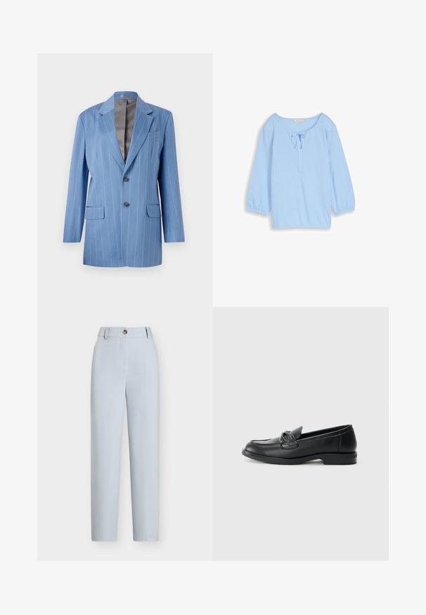Lyseblå blazer med striber, to forlommer, to knapper og en klippet krave. Har en glat, grå indvendig foring.; Lyseblå bluse med vertikale striber, lange ærmer, bindedetalje foran og rund halsudskæring. Glat stof med løs pasform.; Lyseblå skræddersyede bukser med lige ben, knaplukning foran og bæltestropper i taljen.; Sorte læder loafers med rund tå, en syet design og en sløjfeaccent på overlappen. Lav blokhæl og glat tekstur.
