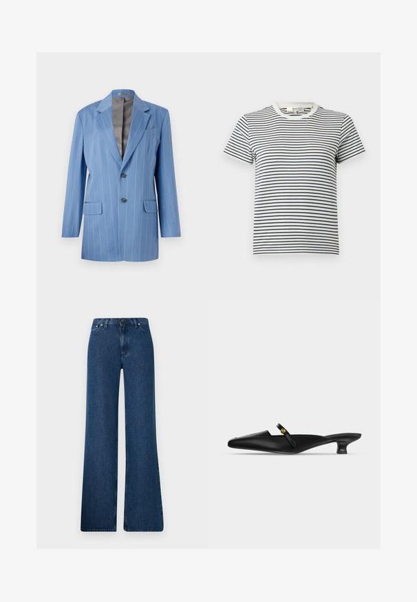 Helles blaues Nadelstreifen-Blazer mit zwei Fronttaschen, zwei Knöpfen und einem Reverskragen. Verfügt über eine glatte, graue Innenauskleidung.; Gestreiftes T-Shirt in Weiß und Marineblau mit kurzen Ärmeln und rundem Halsauschnitt. Mit horizontalen Streifen in unterschiedlicher Breite. Aus weichem Baumwollmaterial.; Blaue Denim-Bootcut-Jeans mit hoher Taille, fünf Taschen-Design und Metallknopfverschluss. Glatte Textur, lässiger Stil und minimale Nähte.; Schwarze spitze Mule mit niedrigem Kittenheel und schmalem Riemen über dem Rist mit kleinem goldfarbenem Knopfdetail.