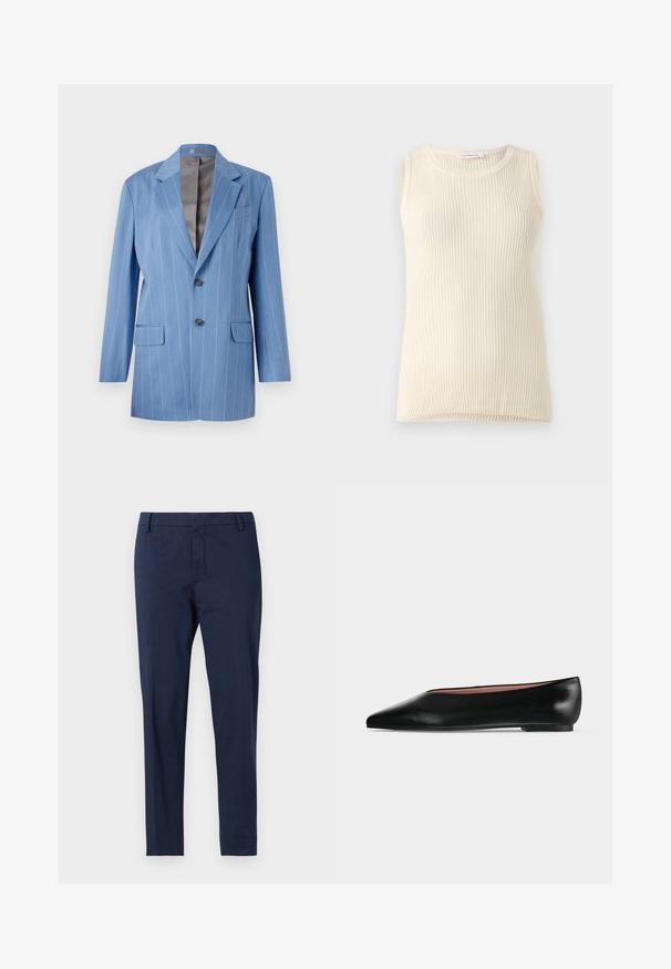 Blazer a rayas finas en azul claro con dos bolsillos frontales, dos botones y un cuello con muesca. Presenta un forro interior suave en gris.; Top sin mangas de color crema con textura acanalada y escote redondo. La tela parece suave, con un corte ajustado y sin patrones o acentos visibles.; Pantalones de sastre azul marino con corte recto. Presentan un diseño de frente plano sin bolsillos visibles y una textura suave.; Zapato plano negro de cuero para mujer con punta puntiaguda y tacón bajo, mostrado de lado sobre un fondo liso gris claro.