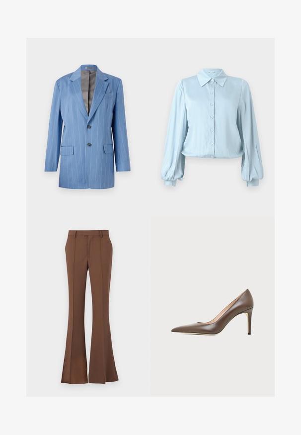 Blazer à rayures bleu clair avec deux poches avant, deux boutons et un col cranté. Présente une doublure intérieure lisse de couleur grise.; Hofmann Copenhagen FLORA - Chemisier - lavender blue; Pantalons évasés marron en tissu lisse, dotés d'un devant plat, de passants de ceinture et d'une coupe ajustée avec des détails de plis subtils.; Chaussure à talon haut en cuir marron à bout pointu avec un talon aiguille fin et une finition lisse sur un fond clair.