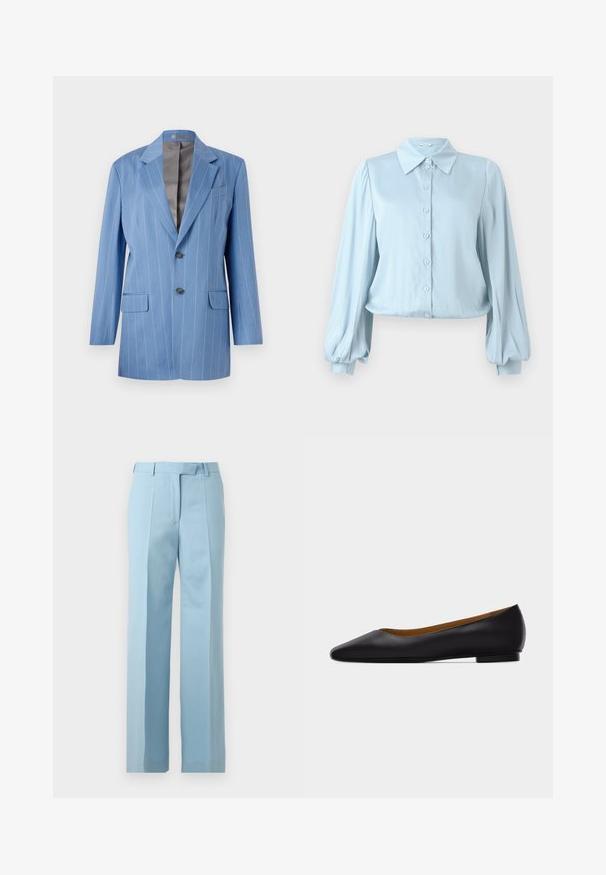 Blazer a rayas finas en azul claro con dos bolsillos frontales, dos botones y un cuello con muesca. Presenta un forro interior suave en gris.; Hofmann Copenhagen FLORA - Blusa - lavender blue; Pantalones a medida de color azul claro con cintura alta, trabillas, pliegues frontales y corte recto sobre un fondo blanco.; Zapato plano de punta puntiaguda de cuero negro con tacón bajo y acabado liso, mostrado de perfil sobre un fondo gris claro.