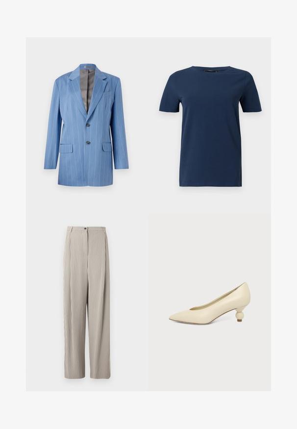 Blazer a rayas finas en azul claro con dos bolsillos frontales, dos botones y un cuello con muesca. Presenta un forro interior suave en gris.; Camiseta azul marino de manga corta con cuello redondo, diseño liso y ajuste regular, mostrada sobre un fondo blanco.; Pantalones a rayas beige con cintura alta, pierna ancha y cierre de un solo botón. Las rayas verticales añaden textura a la tela.; Zapato de mujer color crema con punta afilada y tacón bajo, con tacón redondo en forma de bola, sobre un fondo liso.