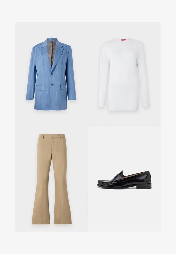 Blazer a rayas finas en azul claro con dos bolsillos frontales, dos botones y un cuello con muesca. Presenta un forro interior suave en gris.; Top blanco de manga larga hecho de una tela suave, con cuello redondo y detalles de costura diagonal para un aspecto texturizado. Etiqueta de la marca en rojo.; CLOSED FELISE - Pantalones - urban beige; Zapato mocasín de cuero negro con un acabado brillante, que presenta detalles de flecos en la parte delantera y un tacón bajo apilado.