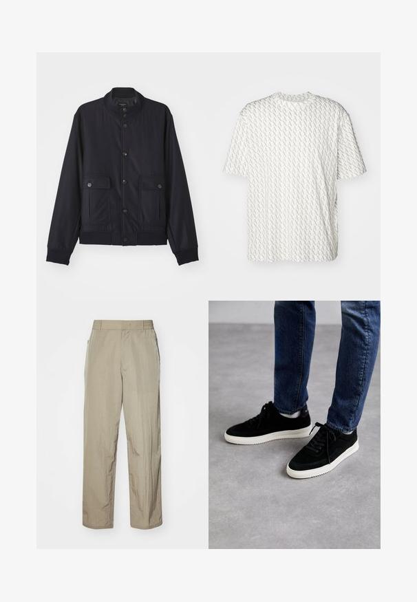 Marineblaue Jacke aus weichem Material, mit hohem Kragen, vorderem Knopfverschluss, zwei Brusttaschen sowie geripptem Saum und Ärmeln.; Weißes T-Shirt mit einem wiederholenden grauen "A"-Muster, kurzen Ärmeln, Rundhalsausschnitt und lockerer Passform. Hergestellt aus weichem Material.; Beige leichte Hose mit lockerer Passform, ausgestattet mit einem elastischen Bund und seitlichen Taschen. Der Stoff wirkt strukturiert und leicht zerknittert.; Schwarze Wildledersneaker mit einer weißen Gummisohle, die ein klassisches Low-Top-Design, eine abgerundete Spitze und flache schwarze Schnürsenkel aufweisen.