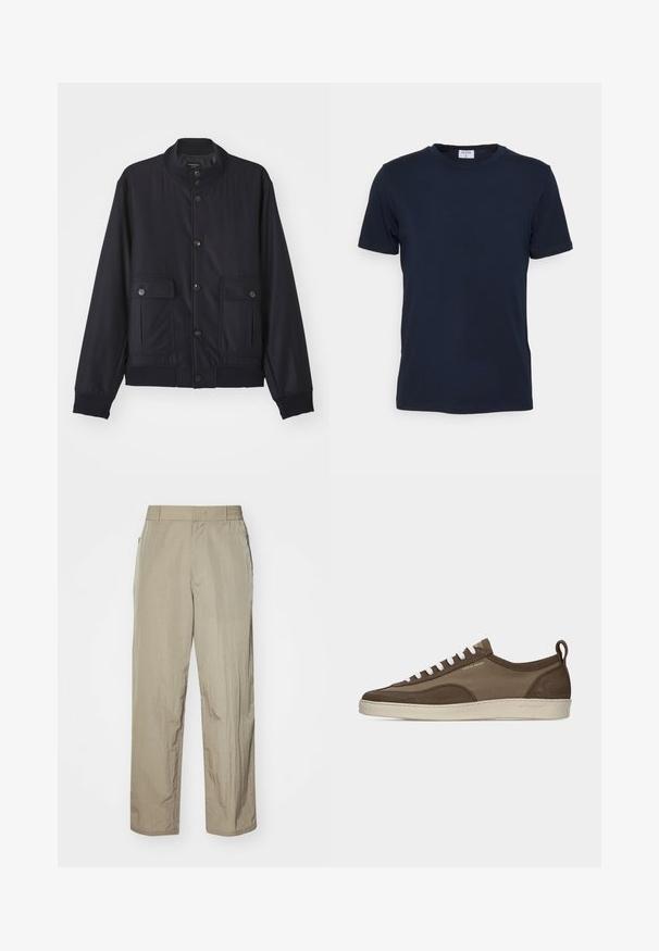 Veste bleu marine en matériau doux, dotée d'un col haut, d'une fermeture à boutons sur le devant, de deux poches poitrine et d'un ourlet et de poignets côtelés.; T-shirt bleu marine à col ras du cou fabriqué en tissu doux. Manches courtes avec une coupe classique, avec une étiquette au niveau du col. Texture lisse, design minimal.; Pantalons légers beiges à coupe décontractée, dotés d'une taille élastique et de poches latérales. Le tissu semble texturé et légèrement froissé.; Baskets basses marron à profil bas avec lacets blancs, semelle beige, dessus en tissu et daim, languette latérale et logo "Tiger of Sweden" en texte doré.