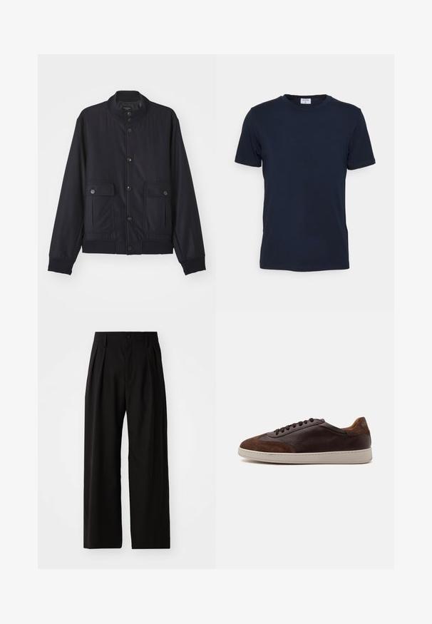 Veste bleu marine en matériau doux, dotée d'un col haut, d'une fermeture à boutons sur le devant, de deux poches poitrine et d'un ourlet et de poignets côtelés.; T-shirt bleu marine à col ras du cou fabriqué en tissu doux. Manches courtes avec une coupe classique, avec une étiquette au niveau du col. Texture lisse, design minimal.; Pantalons larges noirs avec une texture lisse, dotés de deux plis avant, d'une fermeture à bouton et de poches latérales. Tissu durable.; Basket basse en cuir et daim marron avec des lacets marron foncé et une semelle en caoutchouc blanche vue du côté extérieur.