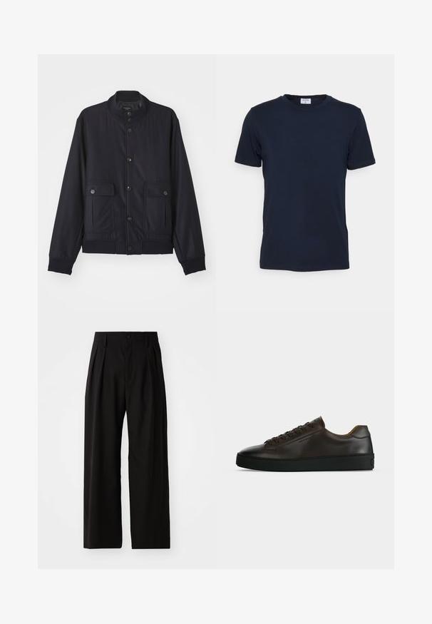 Navy blue jas van zacht materiaal, met een hoge kraag, voor een knoopsluiting, twee borstzakken en een geribde zoom en manchetten.; Marineblauwe crewneck t-shirt gemaakt van zachte stof. Korte mouwen met een klassieke pasvorm, met een label aan de hals. Soepele textuur, minimale uitstraling.; Zwarte wijde broek met een gladde textuur, voorzien van twee voorklokken, een knoopsluiting en zijzakken. Duurzaam materiaal.; Low-profile donkerbruine leren sneaker met zwarte rubberen zool, veters aan de voorkant en een strak minimalistisch design op een lichte achtergrond.