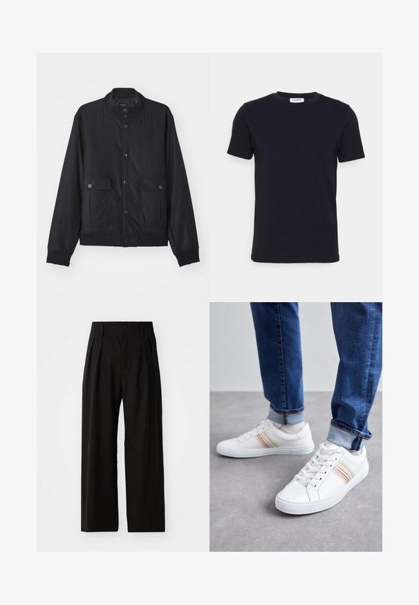 Marineblå jakke lavet af blødt materiale, med høj krave, frontlukning med knapper, to brystlommer og ribbede kanter og manchetter.; Sort kortærmet t-shirt med rund hals og et lille hvidt mærke indeni halsudskæringen.; Sorte bukser med vid ben, der har en glat overflade, to frontplisseringer, knaplukning og sidelommer. Holdbart stof.; Hvide lædersneakers med multicolore striber, snørebåndsdesign, gummisål og polstret krave, parret med blå denimjeans.