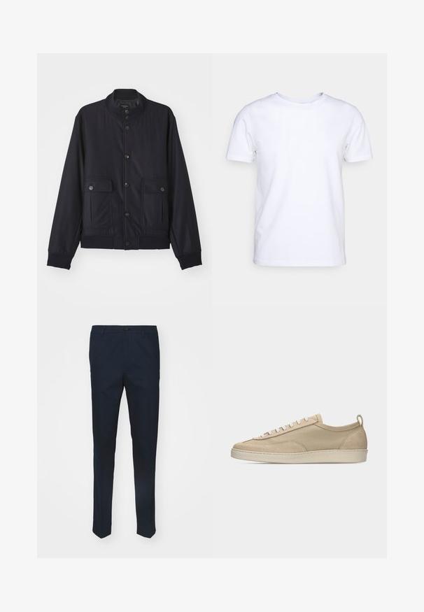 Marineblå jakke lavet af blødt materiale, med høj krave, frontlukning med knapper, to brystlommer og ribbede kanter og manchetter.; Hvid kortærmet t-shirt i bomuldsstof med rund halsudskæring. Enkel design uden mønstre eller detaljer. Glat tekstur.; Marinebukser lavet af vævet stof, med lige pasform, knaplukning og frontfolder for et elegant udseende.; Beige lavtop sneakers med overdel i stof og ruskind, hvide snørebånd, gummisål og hælstrækkehank, vist i sideprofil på hvid baggrund.