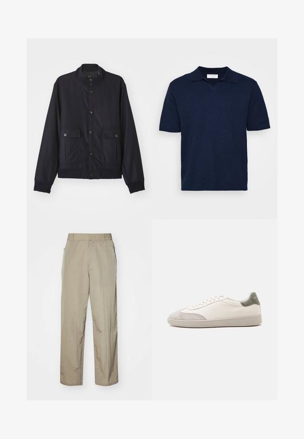Navy blue jas van zacht materiaal, met een hoge kraag, voor een knoopsluiting, twee borstzakken en een geribde zoom en manchetten.; Marineblauwe polo met korte mouwen en een v-halskraag, gemaakt van een geweven stof, voorzien van een subtiele merklabel op de hals.; Beige, lichtgewicht broeken met een ontspannen fit, voorzien van een elastische tailleband en zijzakken. De stof ziet eruit alsof het een textuur heeft en iets gekreukt is.; Witte lage sneaker met lichtgrijze suède accenten op de neus en hiel, witte veters en een platte beige zool, gezien vanaf de buitenkant.