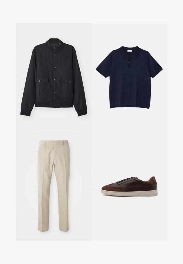 Veste bleu marine en matériau doux, dotée d'un col haut, d'une fermeture à boutons sur le devant, de deux poches poitrine et d'un ourlet et de poignets côtelés.; sandro Polo - marine; Pantalons taillés beige en tissu texturé, avec un devant plat, des jambes droites et une taille traditionnelle avec passants de ceinture.; Basket basse en cuir et daim marron avec des lacets marron foncé et une semelle en caoutchouc blanche vue du côté extérieur.