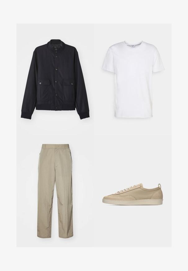 Marineblaue Jacke aus weichem Material, mit hohem Kragen, vorderem Knopfverschluss, zwei Brusttaschen sowie geripptem Saum und Ärmeln.; Weißes T-Shirt mit kurzen Ärmeln aus Baumwolle. Es hat einen runden Halsausschnitt und eine lockere Passform ohne sichtbare Muster oder Akzente.; Beige leichte Hose mit lockerer Passform, ausgestattet mit einem elastischen Bund und seitlichen Taschen. Der Stoff wirkt strukturiert und leicht zerknittert.; Beiger Sneaker mit niedriger Schafthöhe, Obermaterial aus Stoff und Wildleder, weißen Schnürsenkeln, Gummisohle und Fersenlasche, seitlich auf weißem Hintergrund dargestellt.