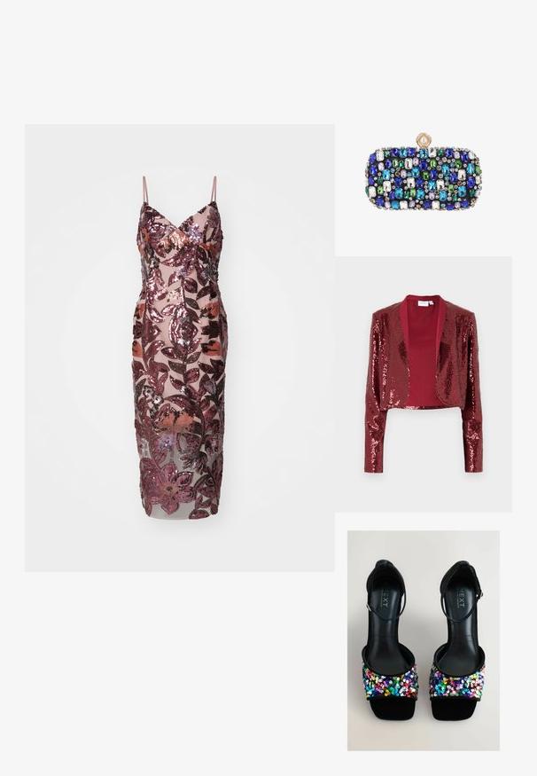Burgundy kort jakke dækket af paletter, med sjalskrave og lange ærmer. Glat inderforing uden lukninger.; Glitrende ærmeløs kjole i gennemsigtig stof med pink palietblomsterdesign. Har V-udskæring og tætsiddende silhuet, der når til midten af læggen.; Sorte højhælede sandaler har en glitrende tårem med flerfarvede paljetter. Materialet ser glat og reflekterende ud, og der er en ankelrem.; Lille rektangulær clutchtaske dekoreret med flerfarvede blå, grønne, hvide og lilla ædelstene og en rund perle-lukning.