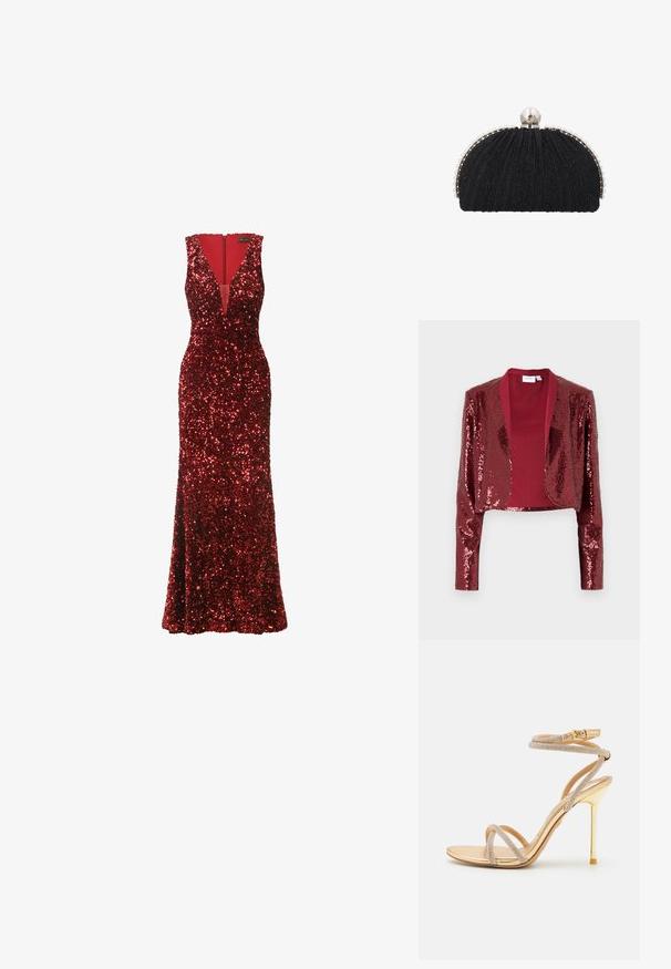 Burgundy kort jakke dækket af paletter, med sjalskrave og lange ærmer. Glat inderforing uden lukninger.; Lang rød kjole dækket med pailletter, med en dyb V-udskæring, ærmeløs design og en tætsiddende silhuet, der flarer ud i bunden.; ALDO MANAELDEN - Højhælede sandaletter / Højhælede sandaler - gold-coloured; Sort aftenclutch med tekstureret stof, indrammet af en række små perler og en stor perle-lukning på toppen.