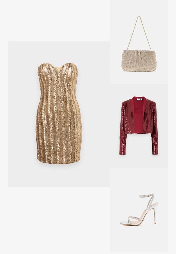 Chaqueta corta burdeos cubierta de lentejuelas, con un cuello de chal y mangas largas. Forro interior suave sin cierres.; Vestido dorado sin tirantes con silueta ajustada, cubierto de lentejuelas verticales, con escote pronunciado en V y cierre de cremallera en la parte trasera.; Sándal de tacón alto plateado con tiras finas, adornado con strass, con un diseño elegante y una punta afilada.; Bolso de mano de tejido metálico plisado con cadena dorada, forma rectangular suave, color beige claro, superficie texturizada y detalles fruncidos.