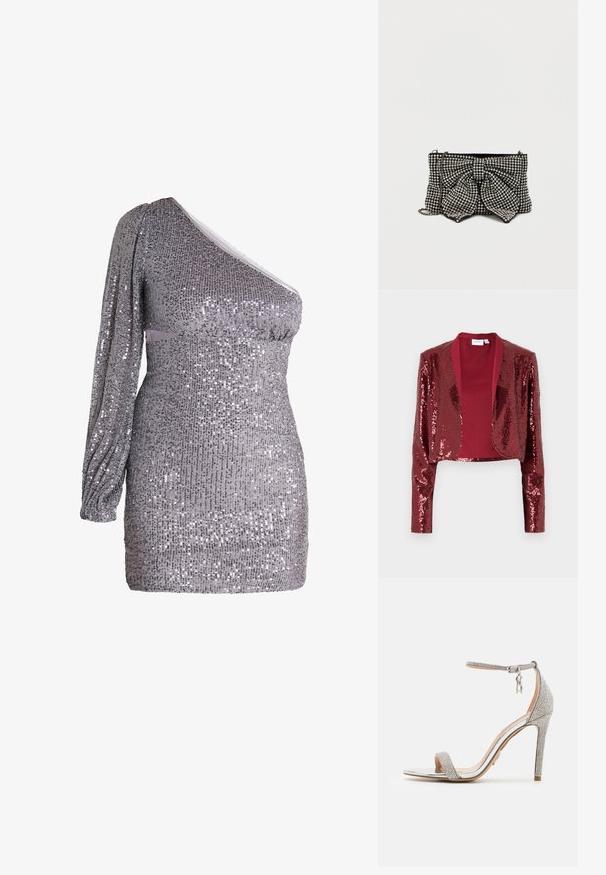 Chaqueta corta burdeos cubierta de lentejuelas, con un cuello de chal y mangas largas. Forro interior suave sin cierres.; Vestido de lentejuelas plateadas con forma ajustada, una manga larga, superficie texturizada y escote asimétrico, con fruncido en la cintura.; Steve Madden TECY-R - Sandalias de tacón - silver-coloured; Bolso de mano negro con un gran lazo, adornado con tachuelas plateadas, con una correa de cadena y una superficie texturizada que capta la luz.