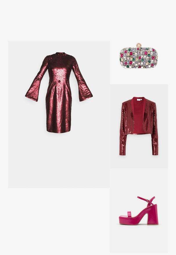 Burgundy kort jakke dækket af paletter, med sjalskrave og lange ærmer. Glat inderforing uden lukninger.; Malina LIVA DRESS - Cocktailkjole / festkjole - berry red; RAID MAARIA - Højhælede sandaletter / Højhælede sandaler - pink; Rektangulær clutch dækket af flerfarvede rektangulære og runde ædelstene med en rund perle-lås på toppen.