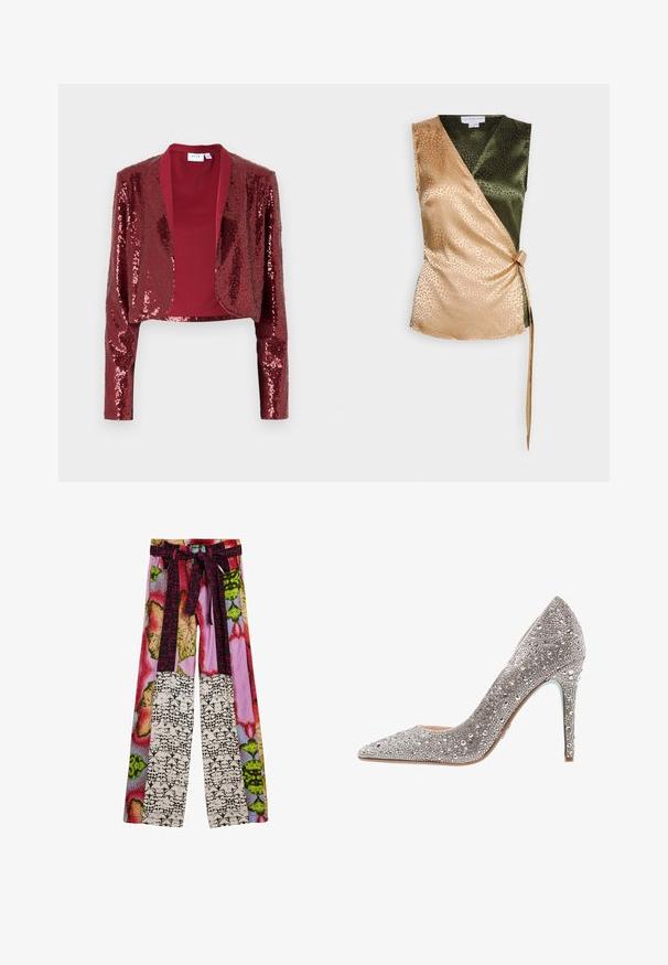 Burgundy kort jakke dækket af paletter, med sjalskrave og lange ærmer. Glat inderforing uden lukninger.; Never Fully Dressed WRAP - Top - olive/gold; Bukser med vide ben og et farverigt lapværk af blomster- og abstrakte print samt et matchende stofbælte bundet om livet.; Gnistrende sølv højhælet pumpe med spids tå, dækket af klare rhinsten, med lædersål og en slank stiletthæl.