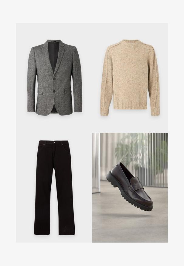 Lindbergh Blazere - black mix; Beige strikket sweater med diskrete flerfarvede prikker, lange ærmer, ribbet manchetter, kant og rund hals.; Sorte jeans med lige ben, fem lommer og sølvfarvet knaplukning, lagt fladt på en hvid baggrund.; Brun lædersko uden snørebånd med rundet tå og solid sort gummisål. Har en dekorativ rem hen over vristen.