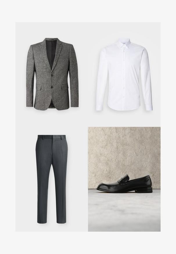 Lindbergh Blazerjasje - black mix; Witte lange mouwen knoopshirt gemaakt van gladde katoenstof, met een klassieke kraag, knoopsluiting en een gebogen zoom.; Donkergrijze formele broek met riemlussen en vouwlijnen, weergegeven op een effen lichte achtergrond.; Zwarte leren loafer met metalen accent, zwevend weergegeven boven een beige tapijt, met een ronde, amberkleurige tafel op de achtergrond.