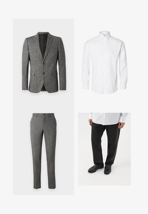 Lindbergh Blazere - black mix; Hvid skjorte med lange ærmer, knapper foran, spids krave og knappede manchetter.; Lindbergh PANTS - Bukser - brown; Sorte denimbukser parret med skinnende sorte loafers. Skjorten er hvid med tynde lodrette striber, har lange ærmer og en knapkrave.