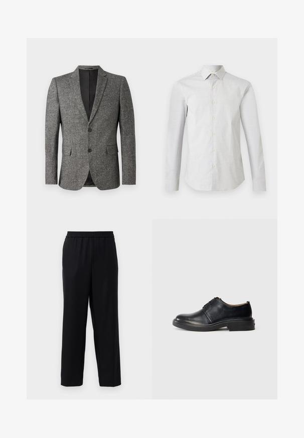 Lindbergh Americana - black mix; Camisa blanca de manga larga con botones, con un sutil patrón de pequeños puntos, cuello clásico y silueta ajustada.; Pantalones negros con cintura elástica, diseño de pierna recta y una tela suave y ligera. Sin bolsillos visibles ni patrones.; Zapato oxford de cuero negro con punta redonda, cordones en la parte frontal y tacón bajo y apilado sobre un fondo claro y liso.