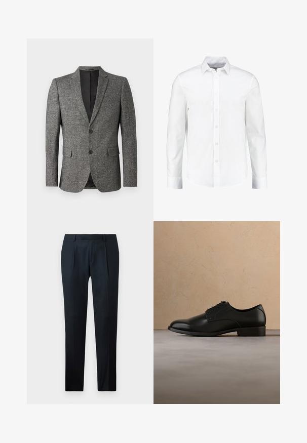 Lindbergh Veste de costume - black mix; Chemise blanche à manches longues à boutons, fabriquée en coton lisse. Dotée d'un col classique et d'une fermeture à boutons à l'avant avec un ourlet droit.; Pantalon noir sur mesure en tissu lisse, présentant un design slim fit, deux plis avant et une taille plate sans matériel visible.; Chaussure habillée en cuir noir lévitant au-dessus d'un tapis beige tissé, avec une table basse ronde en bois et des livres empilés en arrière-plan flou.