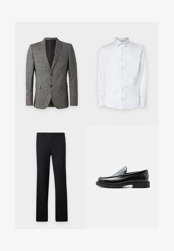 Lindbergh Blazere - black mix; Hvid langærmet skjorte lavet af glat stof, med en klassisk krave, knaplukning og manchetter med knapper, vist på en ensfarvet baggrund.; Sorte skræddersyede bukser med et lige ben design, skarpe folder og en glat overflade. Fremstillet af letvægtsstof med en ren talje.; Sort læderloafer med chunky gummisål, syet overdel og præget mærkenavn på hælen, vist i sideprofil på hvid baggrund.