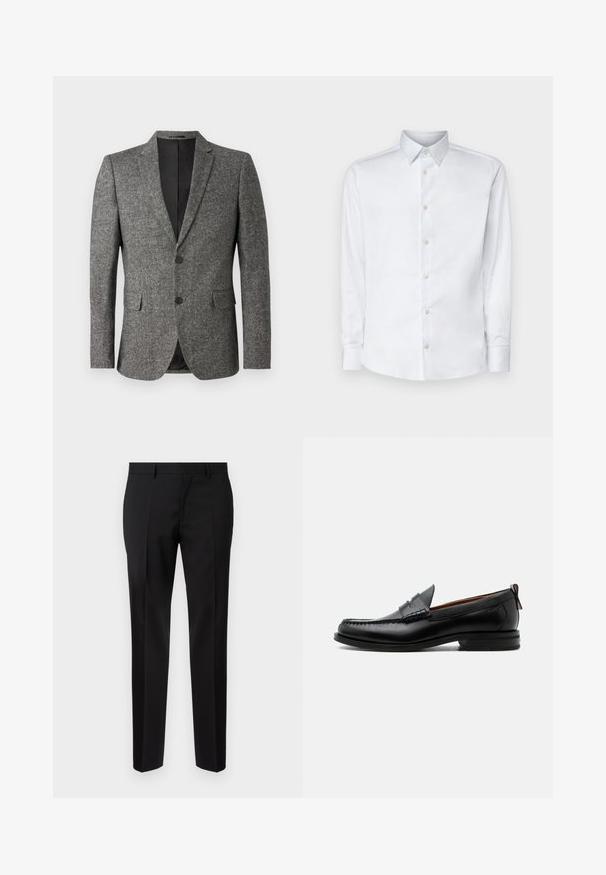 Lindbergh Americana - black mix; Camisa blanca de manga larga hecha de tela suave, con un cuello clásico, tapeta de botones y puños con botones, presentada sobre un fondo liso.; Pantalones negros de corte ajustado, hechos de una tela suave, con pernera recta, detalles de pinzas refinadas y una cinturilla clásica con ojales para cinturón.; Mocasín de hombre de piel negra con costura moc toe, tira penny, cuello texturizado y tacón bajo apilado sobre fondo blanco.