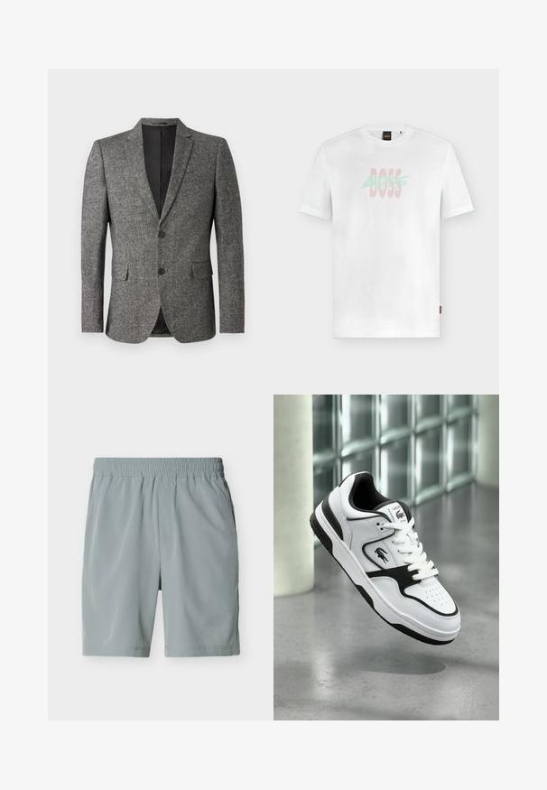 Lindbergh Blazere - black mix; Hvid kortærmet T-shirt med rund hals og overlappende pastelfarvet grøn og lyserød "BOSS" tekstlogo centreret på brystet.; Lysegrå herre-casual shorts med elastisk taljebånd og sidelommer, vist fladt på hvid baggrund.; Hvid og sort Lacoste-sneaker med snørebånd, perforeret tå og logo på siden og tungen, vist svævende over en grå gulvflade.