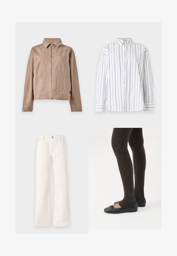 Veste en coton beige avec col, fermeture éclair sur le devant et manches longues. Présente un tissu texturé et une petite étiquette avec logo à l'ourlet.; Chemise en coton blanc à boutons avec des rayures verticales bleu marine, un col classique et des manches longues avec des poignets à rayures. Texture douce.; Jean large blanc en denim, avec une fermeture à bouton à l'avant, cinq poches et une texture lisse sans motif visible.; Jambes portant des leggings côtelés foncés associés à des ballerines noires avec de petits détails en nœud sur fond blanc.
