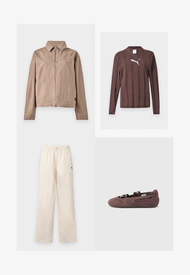 Veste en coton beige avec col, fermeture éclair sur le devant et manches longues. Présente un tissu texturé et une petite étiquette avec logo à l'ourlet.; Pull marron à manches longues avec des rayures verticales texturées et un logo Puma blanc centré sur la poitrine sur un fond uni.; Pantalons larges beige clair avec une taille élastique et un cordon de serrage. Dotés d'un petit logo noir sur le côté. Texture lisse.; Ballerine plate en suède marron avec des lanières élastiques et une semelle texturée, vue de profil sur un fond clair uni.