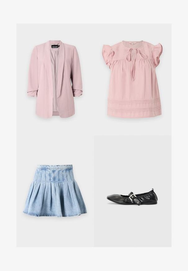 Blazer de color rosa claro, hecho de una tela suave, con cuello de chal, mangas enrolladas y pinzas frontales. El interior está forrado en un color a juego.; Blusa de manga corta en rosa suave con mangas con volantes, lazo frontal en el escote redondo, pliegues verticales en el pecho y pliegues horizontales cerca del dobladillo.; Falda de mezclilla en azul claro, con un diseño completamente plisado y una cinturilla. La tela tiene una textura sutil con detalles de costura visibles.; Zapato plano de piel negra con puntera afilada, detalle fruncido alrededor de la abertura y un acento de hebilla plateada en la correa ajustable.