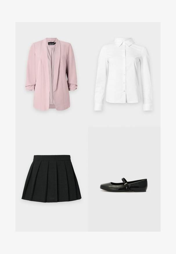 Lichtroze blazer gemaakt van een soepel materiaal, met een sjaalkraag, opgerolde mouwen en verticale inzetten aan de voorkant. De binnenzijde is gevoerd in een bijpassende kleur.; Witte blouse met lange mouwen en knopen, met puntige kraag, rechte zoom en aansluitende silhouet, weergegeven op een effen lichte achtergrond.; Zwarte geplooide rok van textuurstof. Heeft een tailleband en een subtiel ruitpatroon. Korte lengte met gelaagde plooien.; Zwarte leren balletschoenen met een ronde neus, een platte zool en een dunne verstelbare band over de wreef met een metalen gesp.