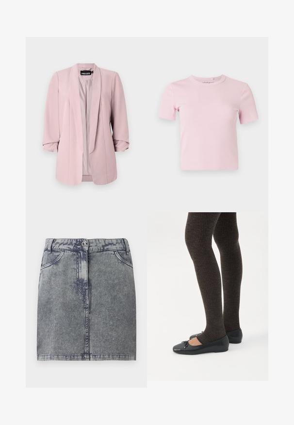 Blazer de color rosa claro, hecho de una tela suave, con cuello de chal, mangas enrolladas y pinzas frontales. El interior está forrado en un color a juego.; Camiseta de manga corta en rosa claro con tejido acanalado, cuello redondo y diseño ajustado. La tela tiene una textura suave y detalles mínimos.; Mini falda de mezclilla en gris con un lavado descolorido, con bolsillos frontales, cierre de botón y dobladillo recto. Tejido texturizado.; Piernas con leggings oscuros acanalados combinados con bailarinas negras que presentan pequeños detalles de lazo sobre un fondo blanco.
