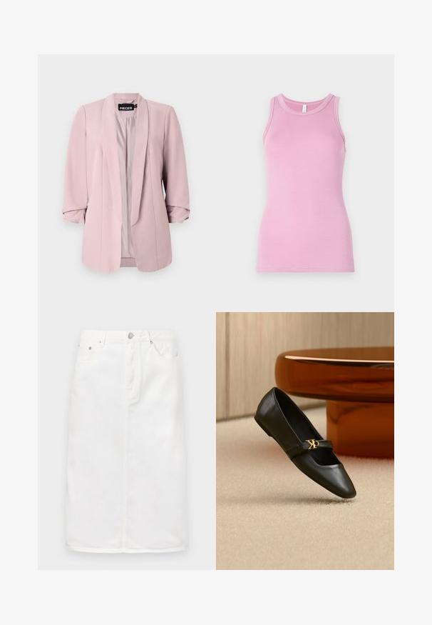 Hellrosa Blazer aus glattem Stoff, mit Schalkragen, hochgerollten Ärmeln und Frontabnähern. Das Innenfutter ist in einer passenden Farbe gehalten.; Rosa Tanktop mit figurbetontem Design, runder Ausschnitt und gerippter Textur. Keine Muster oder Akzente vorhanden.; Weiße Jeansrock mit einem Frontreißverschluss, Fünf-Taschen-Design und geradem Schnitt mit Nähtelementen.; Schwarzer flacher Lederschuh mit spitzer Kappe und goldenem CK-Logo auf dem Riemen, auf beigem Teppich neben einem runden bernsteinbraunen Tisch platziert.